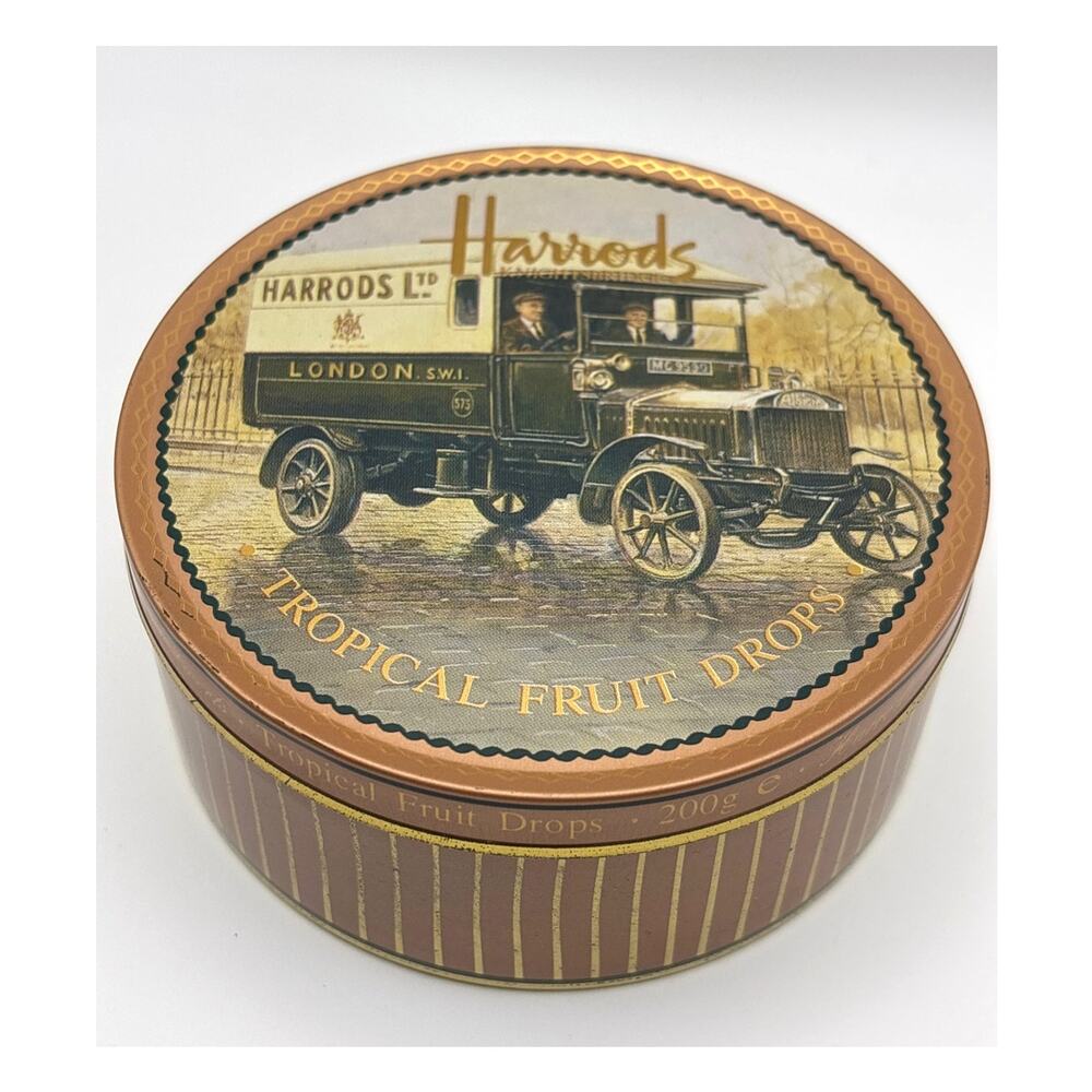 Vintage Harrods Tropical Fruit Drops Metal Tin Made in England Collectible Decor